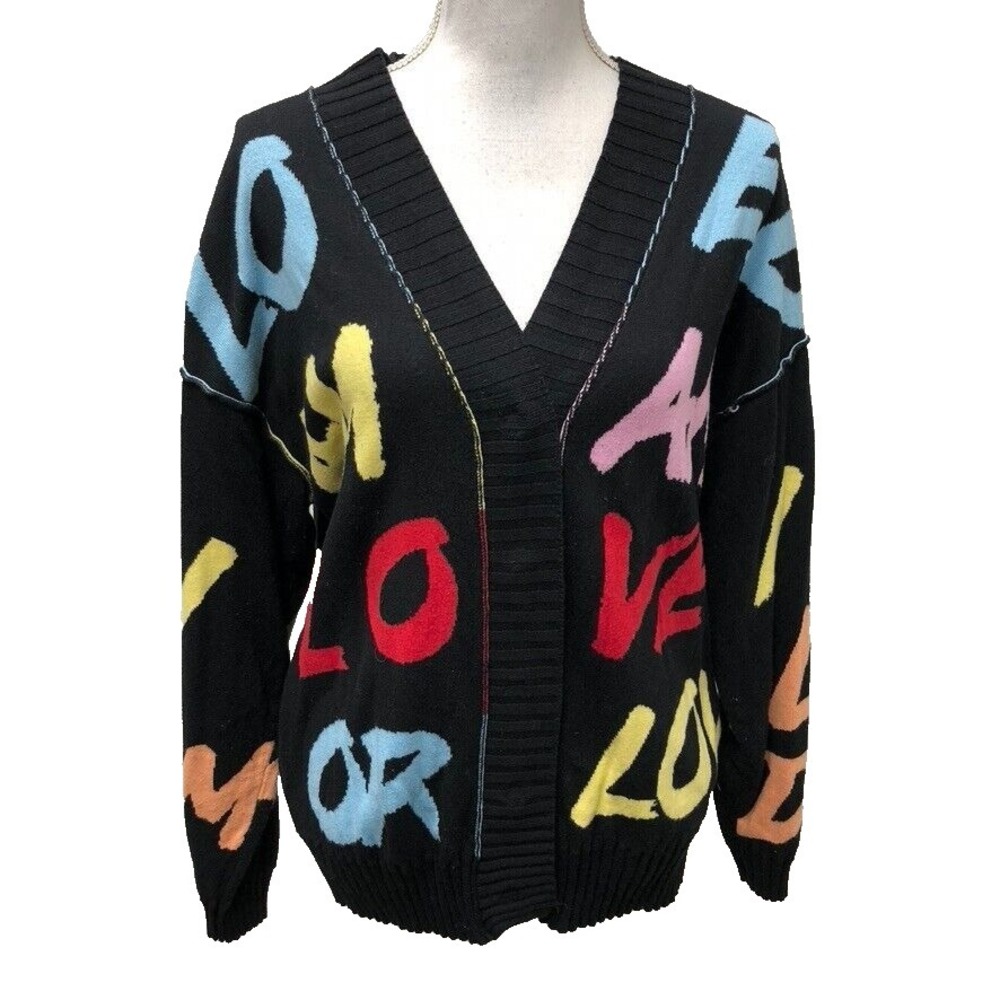 Peace Love World Cardigan Sweater Jumper Womens Medium Pockets Artsy Teacher